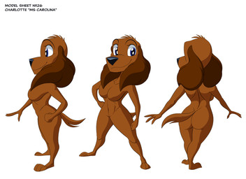 anthro big_butt blue_eyes brown_body brown_fur butt female fluffy_ears fur nude solo text thick_thighs turnaround wide_hips kenthenugget charlotte_(crescent_blue) bird_dog canid canine canis domestic_dog hunting_dog mammal spaniel absurd_res cel_shading english_text hi_res model_sheet shaded