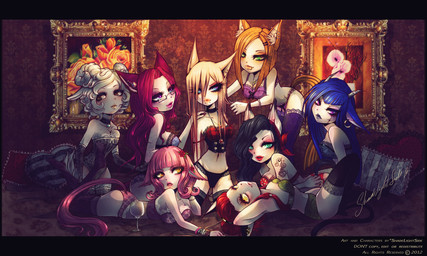 blonde_hair blue_eyes breasts brown_eyes classy clothing ear_piercing female fur group hair harem harem_outfit horn jewelry lingerie long_tail looking_at_viewer necklace piercing pink_eyes purple_eyes short_tail tail tan_body tan_fur tattoo text yellow_body yellow_eyes yellow_fur einnharder animal_humanoid canid canid_humanoid canine canine_humanoid cat_humanoid demon felid felid_humanoid feline feline_humanoid fox_humanoid humanoid mammal mammal_humanoid english_text hi_res shaded