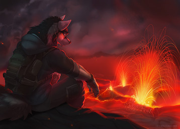 5_fingers anthro backpack biped blue_eyes clothed clothing fingers lava male outside sitting smile smoke solo volcano koul mythology rakan canid canine canis mammal mythological_canine mythological_creature werecanid werecanine werecreature werewolf wolf 2018 digital_media_(artwork)