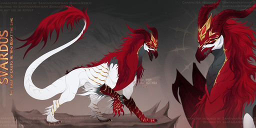 ambiguous_feral ambiguous_gender feral fur horn mouth_closed open_mouth pose quadruped red_body red_fur red_horn sharp_teeth side_view solo tail tail_tuft teeth text tuft white_body santanahoffman mythology avian dragon hybrid mythological_creature mythological_scalie scalie 2025 artist_name colored dated detailed digital_drawing_(artwork) digital_media_(artwork) hi_res shaded signature