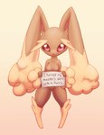 anthro breasts conversational_sign curvy_figure featureless_breasts featureless_crotch female fluffy holding_object holding_sign humor looking_at_viewer nude placard sign silly solo standing text voluptuous zedrin dogshaming i_turned_this_person_into_a_furry nintendo pokemon generation_4_pokemon lagomorph lopunny mammal pokemon_(species) meme