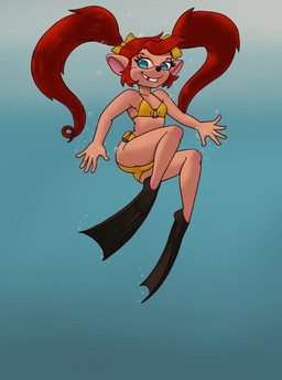 accessory anthro bikini black_eyebrows black_nose black_swimming_fins blue_eyes blush bow_ribbon brown_body brown_ears bubble butt clothed clothed_anthro clothed_female clothing eyebrows eyelashes female female_anthro flat_chested hair hair_accessory hair_bow hair_ribbon long_hair looking_aside midriff missing_tooth pigtails pink_inner_ear red_hair ribbons smile snout solo swimming_fins swimwear teeth two-piece_swimsuit underwater water yellow_bikini yellow_bow yellow_clothing yellow_swimwear young young_anthro young_female spacechoochoo disney goof_troop pistol_pete canid canine canis domestic_dog mammal 2026 hi_res