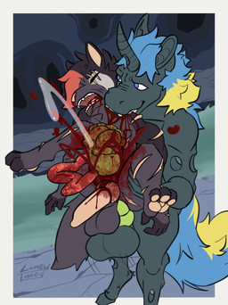 animal_genitalia animal_penis anthro belly_pop bite blood blood_in_mouth bodily_fluids canine_genitalia canine_penis carrying_another carrying_partner death duo equine_genitalia equine_penis full_nelson_anal genital_fluids genitals gore gore_focus guts high-angle_view intestines killing male male/male neck_bite organs penis precum scar scars_all_over snuff luneytuney friendship_is_magic hasbro my_little_pony magnus_(luneytuney) regal_drennen canid canine changeling_(mlp) equid equine mammal absurd_res hi_res