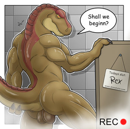 anthro anus backsack balls big_balls biped butt camera_view claws countershade_face countershade_tail countershade_torso countershading dialogue genitals male muscular muscular_anthro muscular_male nude presenting pupils rear_view recording shower slit_pupils solo speech_bubble standing steam tail talking_to_viewer teeth text yellow_eyes aradon dinosaur prehistoric_species reptile scalie theropod tyrannosaurid tyrannosauroid tyrannosaurus tyrannosaurus_rex 2014 english_text hi_res portrait three-quarter_portrait