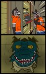 anthro bodily_fluids bottomwear clothed clothing drooling duo fur green_body grey_body grey_fur hoodie humanoid_hands male pants saliva scared topwear shizumei_608 here's_johnny_(meme) password_(visual_novel) stephen_king_(copyright) the_shining dave_(password) sal_(password) crocodile crocodilian hyena mammal reptile scalie striped_hyena 2020 comic