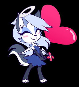 anthro back_wings blush blush_stickers clothing digitigrade dress eyelashes eyes_closed feathered_wings feathers female flower hair halo heart_symbol long_eyelashes plant simple_background smile solo standing tail tuft wings young emositecc hellaverse helluva_boss loona_(helluva_boss) angel canid canid_angel canine canis cherub mammal wolf colored