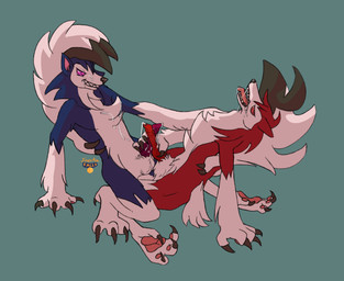 animal_genitalia animal_penis anthro anthro_on_anthro balls bared_teeth bodily_fluids canine_genitalia canine_penis claws crouching cum cum_drip cum_drool cum_on_face cum_on_penis cumshot curling_toes dripping drooling drooling_tongue duo ejaculation erection evil_grin eye_roll feet finger_claws frottage genital_fluids genitals glowing glowing_eyes grin half-closed_eyes handjob handjob_frottage hindpaw intraspecies knot knotted_penis leaking_precum male male/male narrowed_eyes open_mouth pawpads paws penile penis penises_touching precum precum_drip precum_on_penis precum_string saliva saliva_string sex sharp_teeth simple_background smile snout spread_toes teeth toe_claws toes tongue tongue_out inertia_falls nintendo pokemon canid canine generation_7_pokemon lycanroc mammal midnight_lycanroc pokemon_(species) shiny_pokemon hi_res