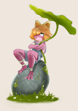 accessory anthro bandage bow_ribbon clothing female grass green_eyes hair hair_accessory hair_bow hair_ribbon overalls pink_body pink_skin plant red_body red_hair red_skin ribbons rock simple_background solo white_background young konansaurus amphibia_(series) disney polly_plantar amphibian frog absurd_res hi_res