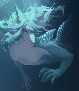 anthro breasts dorsal_fin featureless_breasts female fin hair looking_aside membrane_(anatomy) non-mammal_breasts small_breasts smile solo swimming underwater water webbed_hands lushil nimi_(raveger) aquatic fish shark hi_res