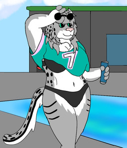 anthro bikini can clothing container female green_eyes solo sports_jersey sunglasses_removed swimming_pool swimwear two-piece_swimsuit brutus_airsoft grand_theft_auto gta_vi_cover_girl rockstar_games felid mammal pantherine snow_leopard