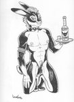 2001 absurd_res alcohol anthro balls beverage container cup drinking_glass erection fur genitals glass glass_container glass_cup hair hi_res kneeling lagomorph leporid looking_at_viewer male mammal monochrome nipples nude penis rabbit shot_glass solo susan_van_camp traditional_media_(artwork) wine