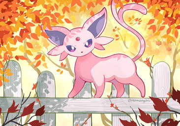 ambiguous_gender cheek_tuft facial_tuft feral forked_tail leaf looking_at_viewer outside pink_body plant pupils purple_eyes purple_inner_ear quadruped solo tail tree tuft unusual_anatomy unusual_tail walking white_pupils komanyachi nintendo pokemon eeveelution espeon generation_2_pokemon pokemon_(species) colored digital_drawing_(artwork) digital_media_(artwork) hi_res shaded