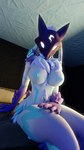 anthro bed big_breasts blue_eyes blue_nipples breasts chest_tuft claws female fur furniture glowing glowing_eyes hair hand_on_leg hand_on_own_leg hand_on_own_thigh hand_on_thigh long_ears mask nipples nude nude_anthro nude_female on_bed purple_body purple_fur purple_hair sitting sitting_on_bed solo thick_thighs tuft wearing_mask white_body white_fur wide_hips mrs_dexie valcon_(modeler) league_of_legends riot_games tencent kindred_(lol) lamb_(lol) bovid caprine mammal sheep 3d_(artwork) 4k 9:16 absurd_res digital_media_(artwork) hi_res