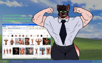 anthro black_bottomwear black_clothing black_hair black_pants blue_sky bottomwear brown_body brown_ears brown_face brown_fur clothed clothed_anthro clothed_male clothing cloud collared_shirt countershading cursor dialogue eyewear flexing flexing_bicep fully_clothed fully_clothed_anthro fully_clothed_male fur glasses grass green_eyewear green_glasses green_text grin growth hair jpeg_(image_quality) light_shirt light_t-shirt male male_anthro multicolored_body multicolored_fur muscle_growth muscular muscular_anthro muscular_male orange_body orange_fur orange_tail pants plant shirt sky smile solo t-shirt tail talking_to_viewer tan_body tan_countershading tan_fur tan_tail teeth text topwear two_tone_tail user_interface melaisen bliss_(image) internet_explorer microsoft microsoft_windows windows_xp bau_(melaisen) akita american_akita canid canine canis domestic_dog mammal spitz 2023 digital_drawing_(artwork) digital_media_(artwork) english_description english_text hi_res portrait three-quarter_portrait