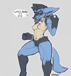 anthro big_muscles biped breasts chest_spike crotch_tuft featureless_breasts female fist fur hair hand_spike looking_at_viewer muscular muscular_anthro muscular_female nude pokemorph red_eyes short_hair simple_background solo spikes spikes_(anatomy) standing text tuft kawfee nintendo pokemon erin_(kawfee) canid generation_4_pokemon lucario mammal pokemon_(species) 2019 digital_media_(artwork)