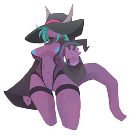 5_fingers anthro breasts clothing female fingers fishnet_clothing fishnet_legwear green_hair hair hat headgear headwear legwear magic navel nipples purple_body simple_background smile solo tail white_background witch_hat corablue mythology dragon mythological_creature mythological_scalie scalie 2026 absurd_res digital_media_(artwork) hi_res