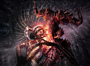 bound captured claws clothing dark detailed_background duo fantasy female forced hair horn not_furry prisoner spikes white_hair steve_argyle hasbro magic:_the_gathering wizards_of_the_coast sheoldred alien monster phyrexian detailed official_art