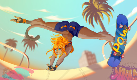 anthro bottomwear bra butt clothing cloud fangs feet female fingerless_gloves flexible footwear gloves graffiti hair handwear monkey_feet palm_tree plant ponytail prehensile_feet shorts skate_park skateboard skateboarding sky solo splits sports_bra spread_legs spreading sunset tail teeth toeless_footwear toes tree underwear vehicle kamri2032 capuchin_monkey cebid haplorhine mammal monkey new_world_monkey primate 2020 absurd_res hi_res