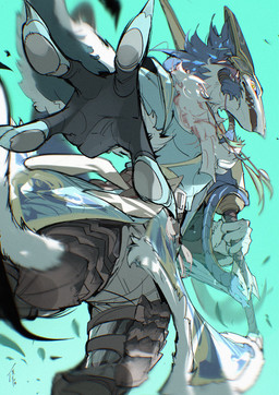 4_fingers anthro biped black_clothing black_fingerless_gloves black_gloves black_handwear black_headwear blue_clothing blue_hair blue_topwear bottomwear brown_bottomwear brown_clothing claws clothed clothed_anthro clothed_male clothing contiguous_snout fangs finger_claws fingerless_gloves fingerpads fingers foreshortening front_view fully_clothed fully_clothed_anthro fully_clothed_male fur gloves grey_claws hair handwear headgear headwear holding_melee_weapon holding_object holding_weapon jewelry looking_at_viewer looking_down looking_down_at_viewer low-angle_view male melee_weapon open_mouth pawpads pendant pupils simple_background slit_pupils snout solo tail teal_background teal_body teeth topwear weapon white_body white_clothing white_fur white_sclera yellow_clothing yellow_eyes yellow_headwear chiayeeee sergal 2025 chromatic_aberration digital_drawing_(artwork) digital_media_(artwork) hi_res portrait signature three-quarter_portrait