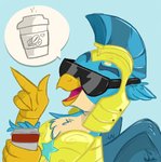 4_fingers armor beak beverage blue_background coffee eyebrows eyewear feathered_wings feathers feral fingers glasses male open_mouth simple_background solo tan_body tan_feathers wings rutkotka friendship_is_magic hasbro my_little_pony mythology gallus_(mlp) avian gryphon mythological_avian mythological_creature