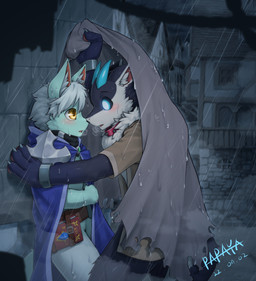 anthro black_body black_fur black_sclera blue_body blue_cape blue_clothing blue_eyes blue_fur blue_horn book building cape clothed clothing duo eye_contact featureless_crotch fur glowing glowing_eyes horn imminent_kiss looking_at_another male open_mouth outside raining standing topwear white_body white_fur yellow_eyes papayafurry 2022 dated hi_res signature