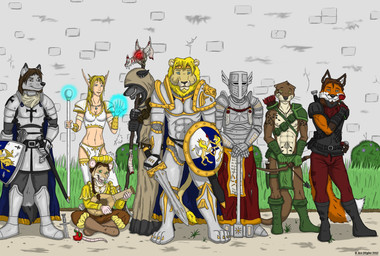 abs anthro archer armor arrow_(weapon) assassin bard blonde_hair blue_eyes bow_(weapon) brown_eyes brown_hair cape cloak clothing dagger dipstick_tail facial_hair female flower grass green_eyes group hair hat headgear headwear knight looking_at_viewer lute magic magic_user male markings medieval melee_weapon muscular musical_instrument paladin plant plucked_string_instrument polearm pose quiver_(object) ranged_weapon rose_(flower) shield smile staff string_instrument sword tail tail_markings warrior weapon yellow_eyes ace_stryker canid canine canis elf felid fox human humanoid lion mammal mouse murid murine mustelid otter pantherine rodent wolf 2012 hi_res