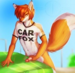 anthro balls biped bodily_fluids bottomless canid canine car car_fox carfax clothed clothing dipstick_tail erection fox genital_fluids genitals hair humanoid_genitalia humanoid_penis looking_at_viewer male mammal markings masturbation outside penile penile_masturbation penis precum red_fox shirt_logo silvyr solo tail tail_markings translucent translucent_clothing true_fox vehicle