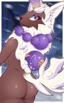 anthro beaded_jewelry beads border breasts butt ear_tuft eyelashes female fur horn jewelry looking_at_viewer mouthless nude purple_eyes snow snowing solo tail tuft white_body white_border white_fur anemonemisc the_battle_cats deer mammal digital_drawing_(artwork) digital_media_(artwork) hi_res