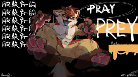 anthro athletic athletic_anthro athletic_male black_sclera blue_eyes brown_body brown_fur brown_hair fur hair male red_body red_fur solo text white_body white_fur yellow_body yellow_fur beckowaffle canid canine canis mammal wolf 16:9 2025 4k absurd_res chinese_text english_text hi_res widescreen