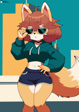 5_fingers anthro big_tail biped black_choker black_jewelry black_necklace black_nose blue_bottomwear blue_clothing blue_shorts blue_sweater blue_topwear bottomwear breasts choker clothed clothed_anthro clothed_female clothing dipstick_ears dipstick_tail drawstring drawstring_hoodie drawstring_topwear ear_markings eyebrows eyewear female female_anthro fingers fur hair hand_on_hip jewelry markings midriff multicolored_body multicolored_bottomwear multicolored_clothing multicolored_ears multicolored_fur multicolored_shorts navel necklace orange_body orange_fur orange_tail pink_inner_ear pointy_ears shorts solo sunglasses sweater tail tail_markings text topwear two_tone_bottomwear two_tone_clothing two_tone_shorts wearing_sunglasses white_body white_bottomwear white_clothing white_ear_tips white_eyebrows white_fur white_shorts white_tail_tip voider_(artist) bully_fox canid canine fox mammal 2025 absurd_res artist_name digital_media_(artwork) hi_res url