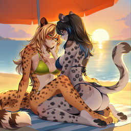 anthro anthro_on_anthro barefoot beach beach_towel beach_umbrella bedroom_eyes big_breasts bikini blue_clothing blue_swimwear blush blush_lines breasts butt chusky claws clothed clothed_anthro clothed_female clothing cloud duo eye_contact feet female female/female green_bikini green_clothing green_swimwear grin hair hand_on_another's_cheek hand_on_another's_face hand_on_cheek hand_on_face kneeling light looking_at_another looking_at_partner narrowed_eyes o-ring_bikini parasol pawpads paws relaxing romantic romantic_couple sand sea seductive sitting sky smile smiling_at_another smiling_at_partner string_bikini summer sunlight sunset swimwear touching_face towel two-piece_swimsuit water agrixxx felid mammal pantherine snow_leopard 1:1 hi_res