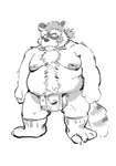 anthro asian_clothing balls belly big_balls big_belly clothing east_asian_clothing fundoshi genitals japanese_clothing kemono male moobs nipples overweight overweight_male solo underwear yazoe canid canine mammal raccoon_dog tanuki 2022 hi_res monochrome