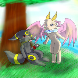 anthro blush duo feathered_wings feathers femboy grass heart_symbol male outside plant sky sun wings senz nintendo pokemon eeveelution generation_2_pokemon pokemon_(species) umbreon 1:1 2014 hi_res