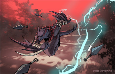 asian_clothing black_body black_fur black_sclera clothed clothing dagger east_asian_clothing electricity forest fur japanese_clothing kunai male melee_weapon membrane_(anatomy) membranous_wings nargacuga_armor ninja plant solo tree warrior weapon wings tess_something capcom monster_hunter flying_wyvern nargacuga hi_res