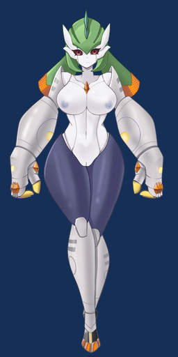 armor big_hands biped black_sclera blade bottomwear breasts clothing digital_eyes female gauntlets genitals gloves green_hair grey_body hair handwear highlights_(coloring) looking_at_viewer machine medium_breasts nipples not_furry orange_highlights pigtails pokemorph solo thick_thighs vulva txnuki nintendo pokemon warpina_(nickzilla) future_pokemon generation_9_pokemon humanoid hybrid iron_hands iron_valiant paradox_pokemon pokemon_(species) variant absurd_res alpha_channel hi_res