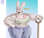 anthro big_breasts bodily_fluids bottomwear breasts butt clothing denim denim_bottomwear denim_clothing female huge_breasts jeans musclegut muscular muscular_anthro muscular_female muscular_thighs pants shovel standing sweat sweat_body thick_thighs tools topwear wide_hips moonix_xero lagomorph leporid mammal rabbit absurd_res hi_res