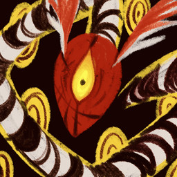 ambiguous_gender black_background black_body black_stripes feral hair judgement multicolored_ears red_ears red_hair simple_background solo striped_neck stripes two_tone_ears white_body white_ears yellow_sclera losteyrie lobotomy_corporation project_moon bird_of_judgement abnormality_(project_moon) avian bird 1:1 2025 2d_animation animated frame_by_frame loop short_playtime