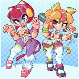 anthro biped breasts clothed clothing club_(weapon) duo eyelashes female genitals glistening glistening_body holding_club holding_melee_weapon holding_object holding_weapon legwear melee_weapon panties pupils purple_body purple_eyes pussy_floss side-tie_panties smile thick_thighs thigh_highs underwear vulva weapon wide_hips pizzacat samurai_pizza_cats francine_manx polly_esther domestic_cat felid feline felis mammal 1:1 hi_res