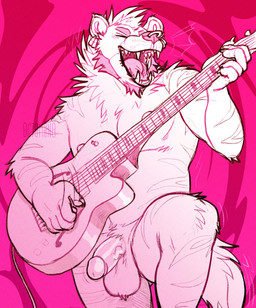 abstract_background anthro balls ear_piercing ear_ring electric_guitar eyes_closed facial_piercing fangs front_view genitals guitar hair half-erect holding_guitar holding_musical_instrument holding_object humanoid_genitalia humanoid_penis male male_anthro multiple_piercings musical_instrument nipples nose_piercing nose_ring nude open_mouth penis piercing playing_music plucked_string_instrument ring_piercing rock_out_with_your_cock_out septum_piercing septum_ring short_hair solo standing string_instrument teeth tongue 0ct0m0n0 hyena mammal absurd_res hi_res monochrome