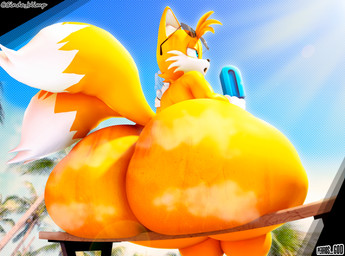 2_tails anthro bench big_butt black_mouth black_nose blue_eyes blue_sky bodily_fluids butt clothing dipstick_tail femboy food gloves hair handwear holding_food holding_object holding_popsicle huge_butt huge_thighs hyper hyper_butt light light_beam male male_anthro markings motion_lines multi_tail musk on_bench open_mouth orange_body orange_ears orange_hair orange_tail outside palm_tree plant popsicle rear_view sitting sitting_on_bench sky solo sunbeam sunlight sweat sweaty_butt tail tail_markings thick_thighs tree white_clothing white_gloves white_handwear white_inner_ear white_tail_tip cindablimp perros_god sega sonic_the_hedgehog_(series) miles_prower canid canine fox mammal red_fox true_fox 2025 3d_(artwork) artist_collaboration digital_media_(artwork) hi_res