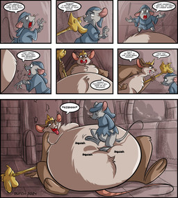 anthro belly belly_rub big_belly blue_cap blue_clothing blue_gown blue_hoodie blue_nightcap blue_topwear brown_body brown_fur buckteeth castle clothing cramp cramped crown dialogue duo female fur gold_(metal) gown grey_body grey_fur headgear hoodie larger_female male nude nude_anthro nude_female obese obese_anthro obese_female open_mouth overweight overweight_anthro overweight_female pink_inner_ear pink_tongue queen red_insides royalty scepter size_difference speech_bubble teeth text tiara tongue topwear whiskers dutch_(artist) great_queen_rat_(dutch) mammal mouse murid murine rat rodent 2024 comic english_text hi_res