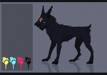 2_heads ambiguous_gender black_body black_border black_claws black_ears black_fur border claws color_swatch feral fur grey_background leg_tuft monotone_body monotone_fur multi_head neck_tuft notched_ear reflection scut_tail short_tail simple_background solo standing tail tail_tuft tuft yellow_sclera akrolayn canid canine mammal 2015 digital_media_(artwork) full-length_portrait model_sheet portrait unavailable_at_source