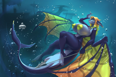 anthro big_breasts breasts bubble butt claws female hair huge_breasts looking_at_viewer membrane_(anatomy) membranous_wings nipples nude sea seabed smile solo tail teeth thick_thighs water wide_hips wings karoshi_satan mythology aquatic dragon fish mythological_creature mythological_scalie scalie shark 3:2 absurd_res digital_media_(artwork) hi_res