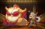 4_ears anthro athletic athletic_male belly belly_dancer big_belly big_breasts blue_eyes bra breasts cape cheek_tuft clothed clothing crown dancing detailed_background digitigrade duo facial_tuft female fur gem headgear huge_belly huge_breasts looking_at_another male morbidly_obese morbidly_obese_female multi_ear muscular muscular_male musical_instrument neck_tuft obese obese_female orange_body overweight overweight_female palace stairs tail thick_tail thick_thighs tuft underwear biglovealicia asufalran_(darkwolfpack) nuline_(darkwolfpack) arctic_fox canid canine fox mammal true_fox 2022 digital_media_(artwork) hi_res signature