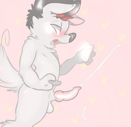 animal_genitalia animal_penis anthro balls biped black_hair black_nose blush bodily_fluids canine_genitalia canine_penis cellphone cum cumshot ejaculation electronics erection fur genital_fluids genitals grey_body grey_fur hair half-closed_eyes heart_symbol knot male multicolored_hair narrowed_eyes nude open_mouth orgasm orgasm_face penis phone pink_eyes simple_background solo teeth tongue white_body white_fur backsash sash_(backsash) canid canine canis mammal wolf 2016 digital_media_(artwork) hi_res