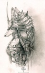 anthro armor blade female furgonomics headgear helmet horn pigtails solo spikes alectorfencer myre canid canine mammal half-length_portrait monochrome portrait