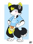 anthro black_body black_fur blue_clothing blue_eyes blue_shirt blue_topwear blush bodily_fluids cheek_tuft clothed clothing diaper dipstick_ears dipstick_hair ear_markings embarrassed facial_tuft fur genital_fluids hand_on_hip looking_down male multicolored_body multicolored_ears multicolored_fur pantsless puffed_cheeks shirt solo standing tail toddler topwear tuft unclean_diaper urine used_diaper wet_diaper white_body white_fur yellow_body yellow_fur young young_anthro young_male bbawua canid canine canis domestic_dog husky mammal nordic_sled_dog spitz hi_res