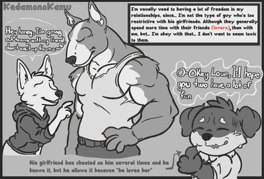 anthro female flirting flirting_with_viewer group humiliation humiliation_fetish humiliation_text infidelity male male/female muscular muscular_male paco_(kedamonokamu) speech_bubble text text_emphasis trio kedamonokamu