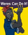 accessory claws clothed clothing eyelashes fangs female fur grey_body grey_fur humanoid_pointy_ears humor kerchief parody pin_accessory pin_button pointy_ears poster poster_template pun solo teeth text yellow_claws yellow_eyes josephaconite mythology we_can_do_it! rosie_the_riveter canid canine mammal mythological_canine mythological_creature werecanid werecanine werecreature werewolf 2016 digital_drawing_(artwork) digital_media_(artwork) english_text hi_res