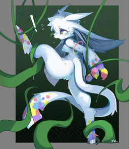anthro anus areola big_ears black_nose blue_anus blue_areola blue_nipples blue_vulva blushlines bodily_fluids bound breasts claws exclamation_point female female_anthro fur genitals glowing glowing_nipples grabbing hooves long_tail looking_back medium_breasts multicolored_body nipples nude nude_anthro nude_female on_one_leg open_mouth plant raised_leg rear_view restrained restrained_by_tentacles side_boob simple_background spread_legs spreading standing suspension sweat sweatdrop tail tentacles unguligrade vines vulva white_body white_eyes white_fur white_tail yuanmin 2025 hi_res